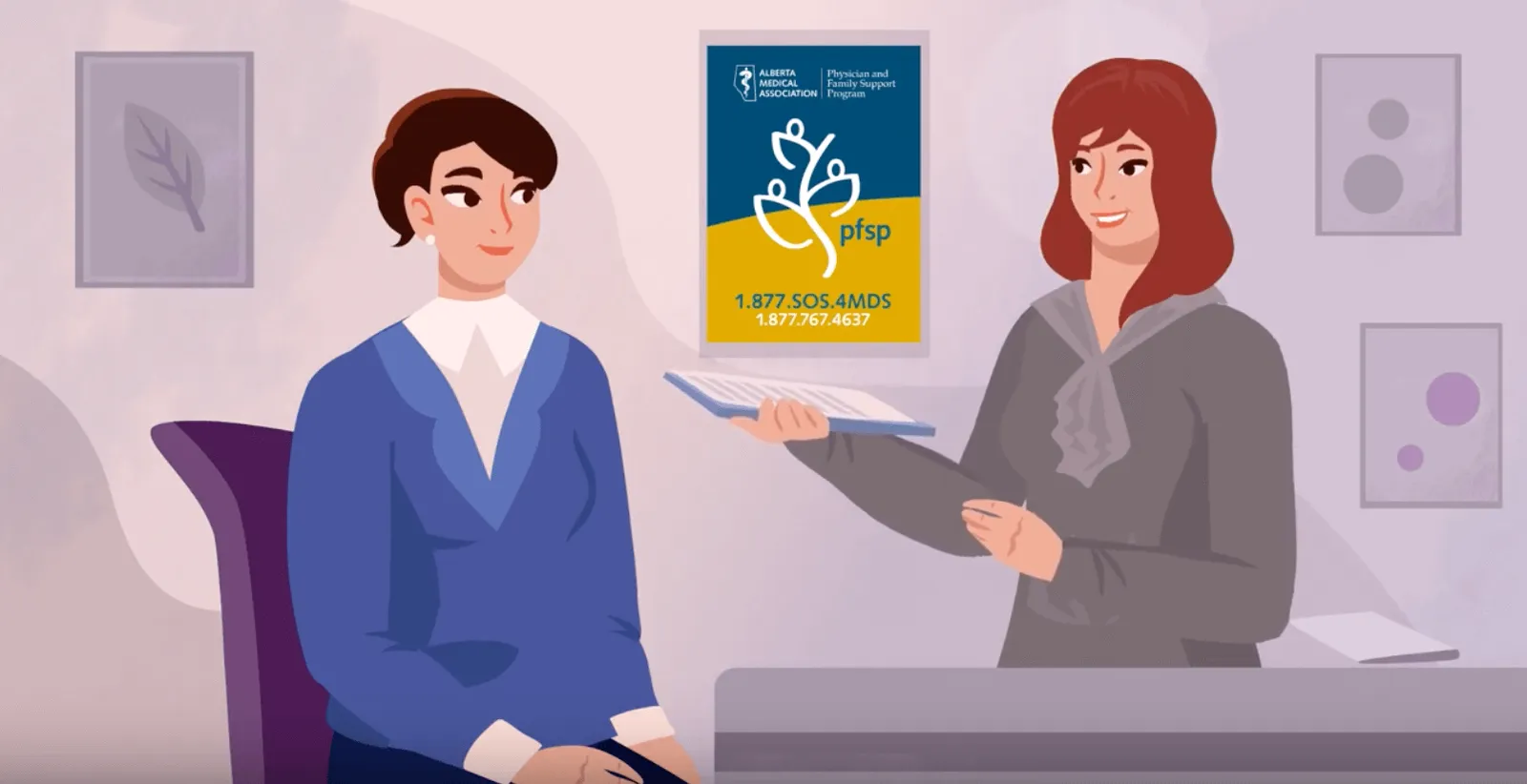 An illustration of one woman handing another a booklet in an office.